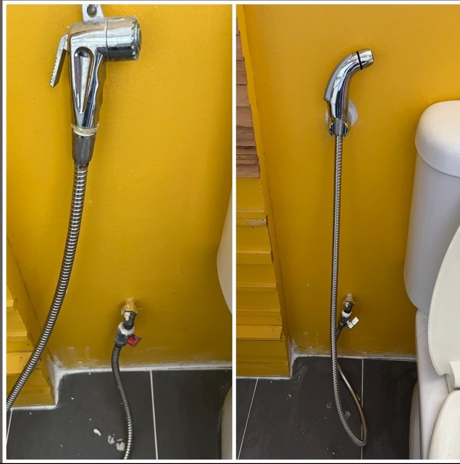 Bidet spray replacement, worn old spray head beside the new one